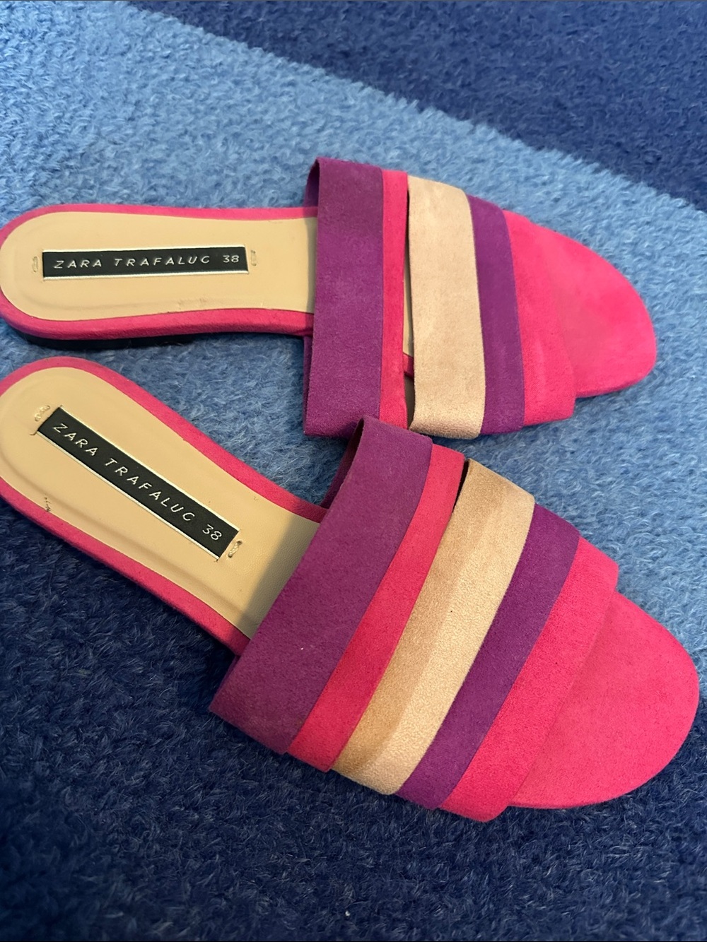 Zara Multicolor Pink, Purple & Gold Striped Slide Mules. Size 38